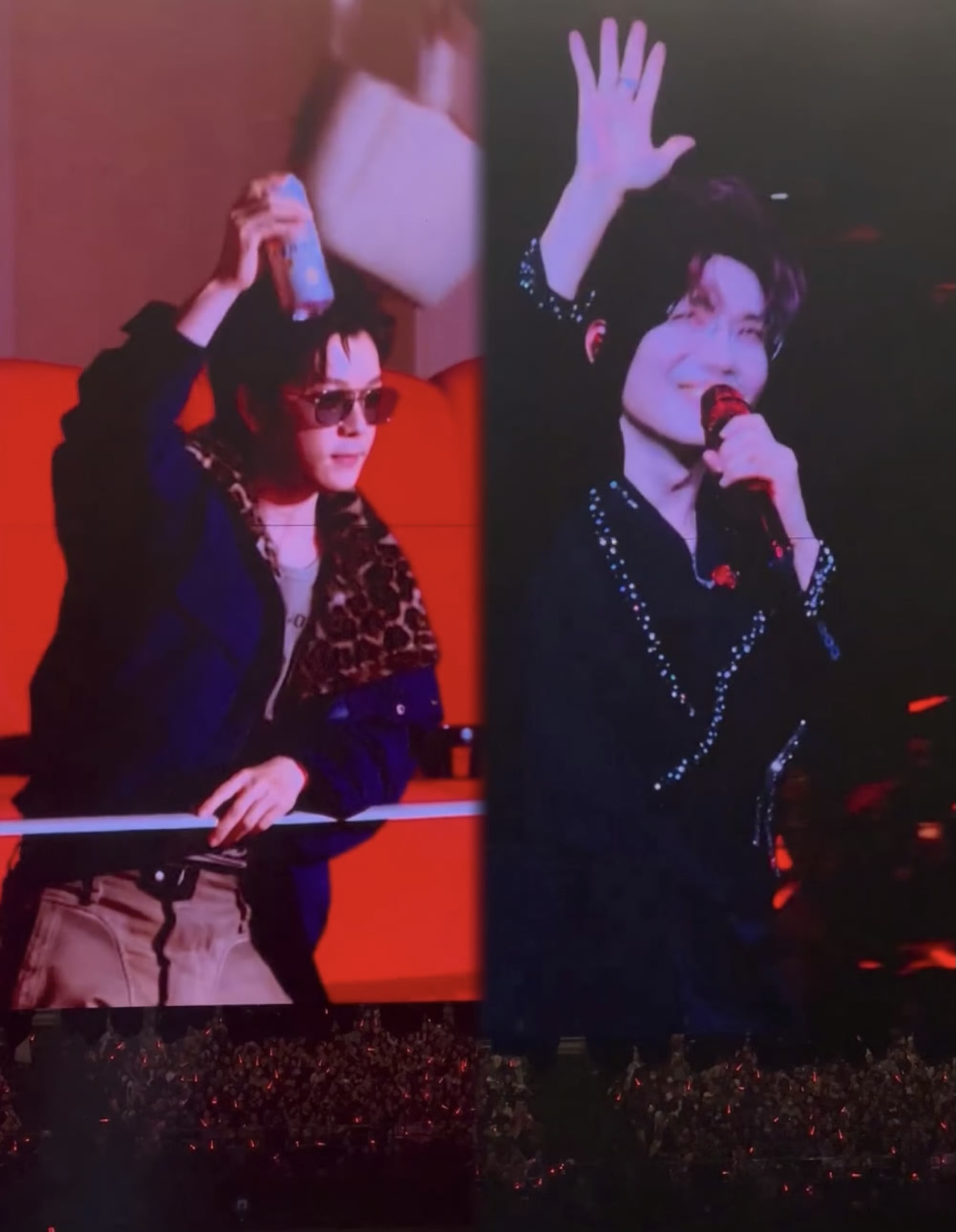 演唱会大屏上,两人举起手的瞬间