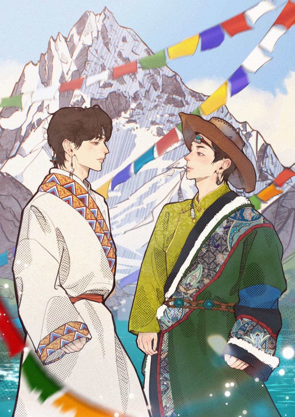 两位青年在雪山和飘动的五色旗前对视